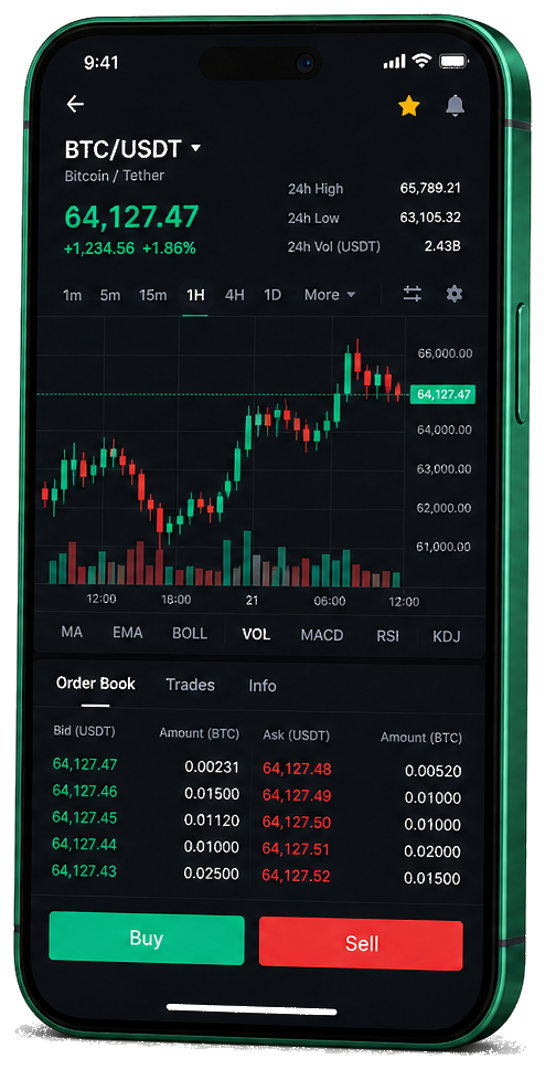 App de trading Verso Rendoria para móvil — gráficos en tiempo real de BTC/USDT, libro de órdenes y panel de operaciones